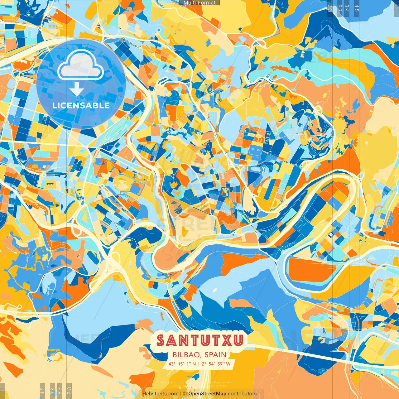 Santutxu, Bilbao, Spain blue and orange vector art map template