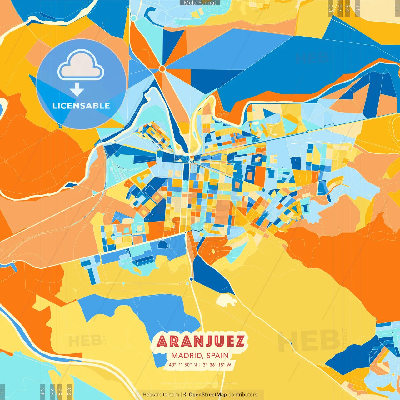 Aranjuez, Madrid, Spain blue and orange vector art map template