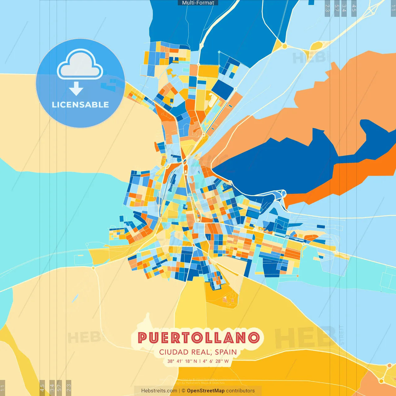 Puertollano, Ciudad Real, Spain blue and orange vector art map template