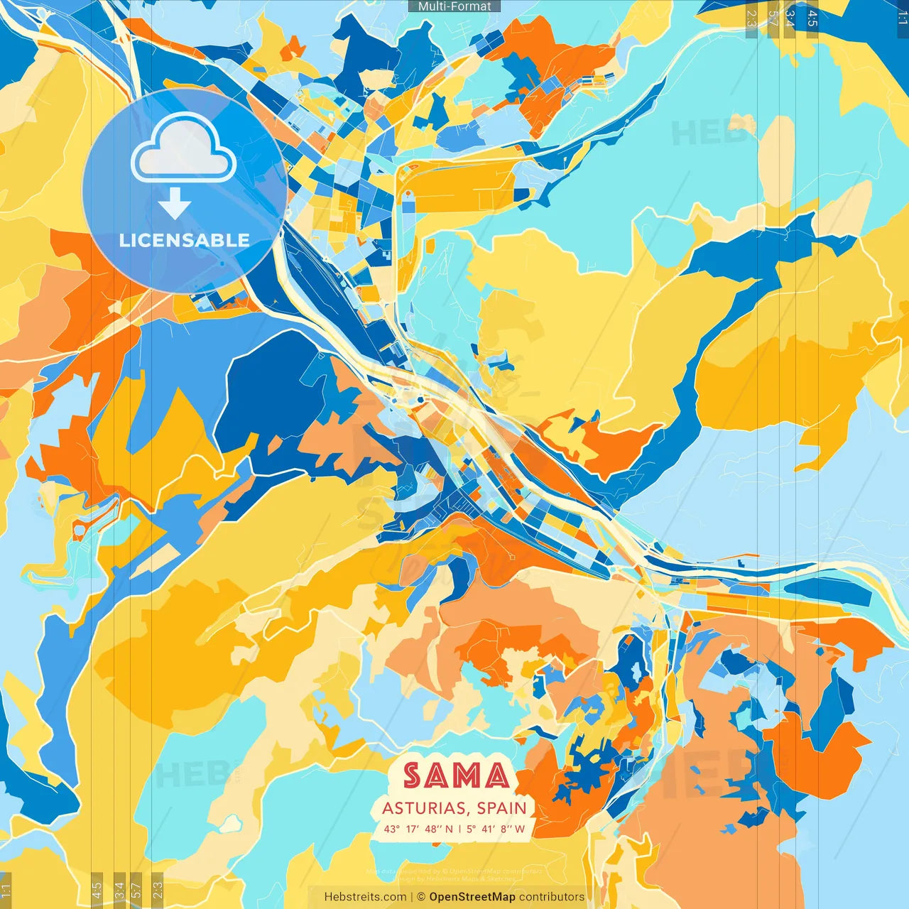 Sama, Asturias, Spain blue and orange vector art map template