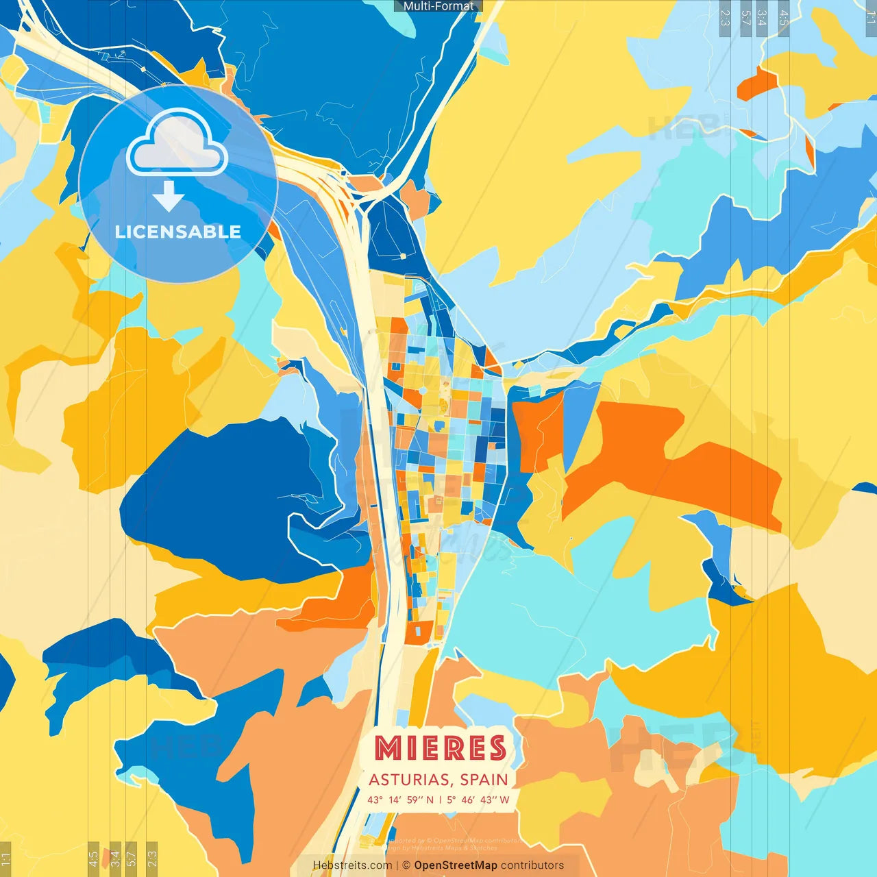 Mieres, Asturias, Spain blue and orange vector art map template