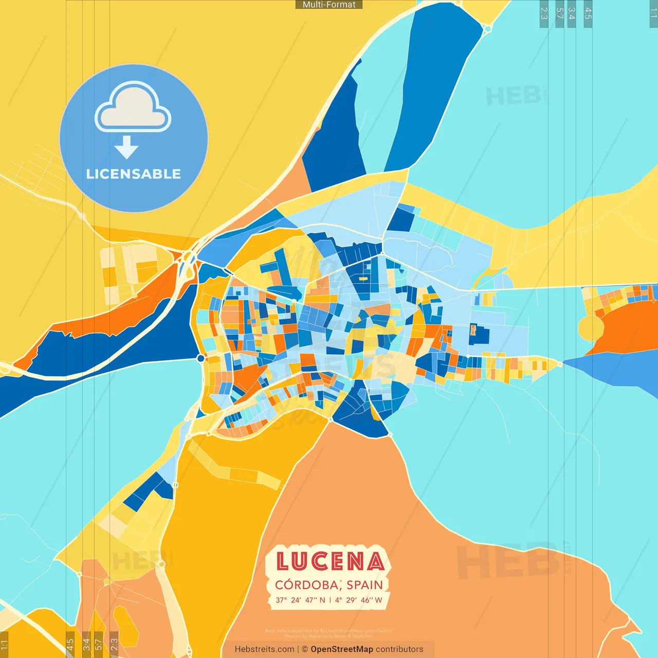Lucena, Córdoba, Spain blue and orange vector art map template