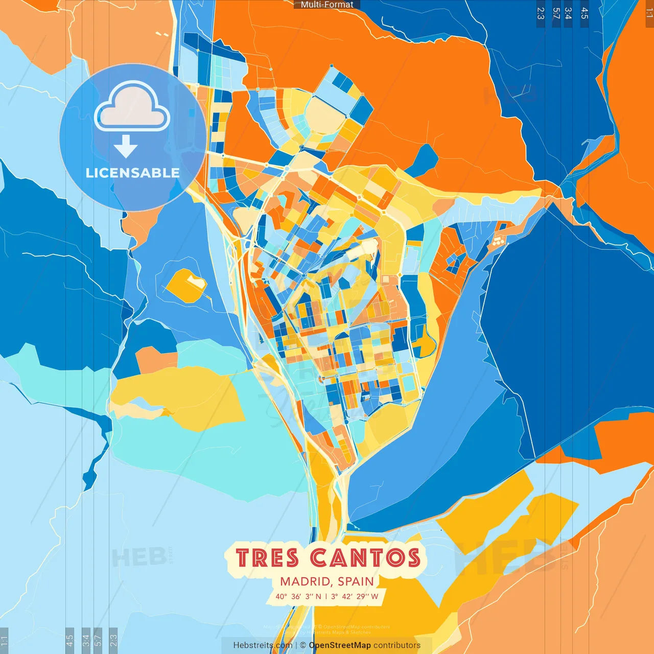 Tres Cantos, Madrid, Spain blue and orange vector art map template