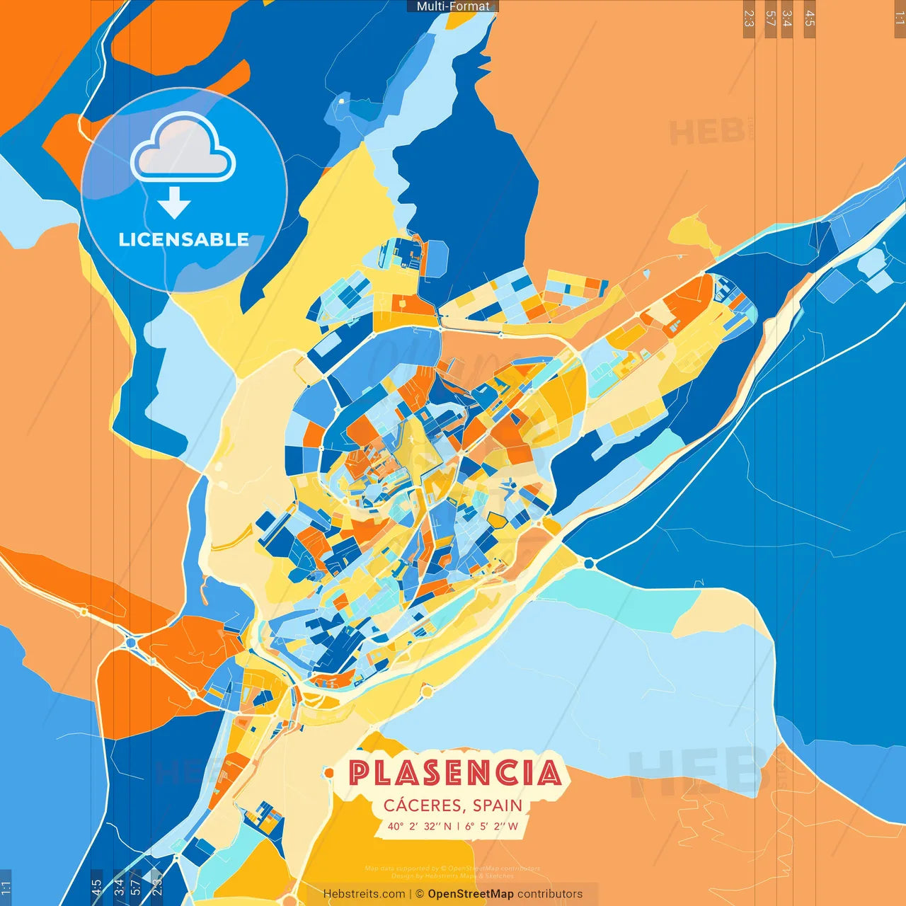 Plasencia, Cáceres, Spain blue and orange vector art map template