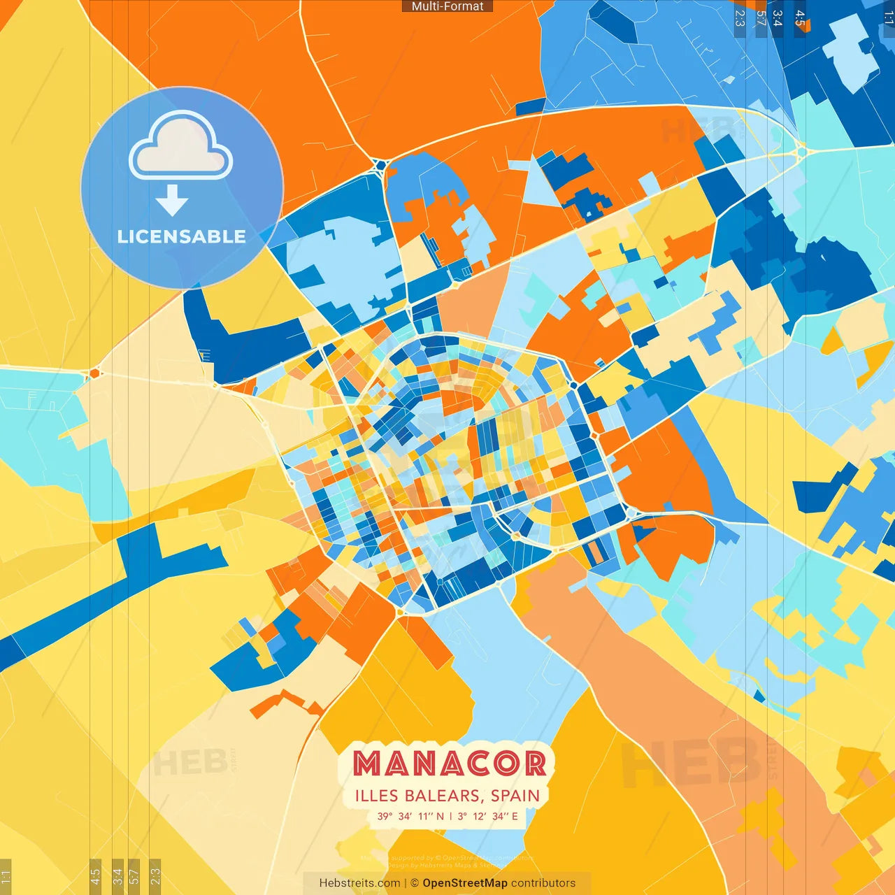 Manacor, Illes Balears, Spain blue and orange vector art map template