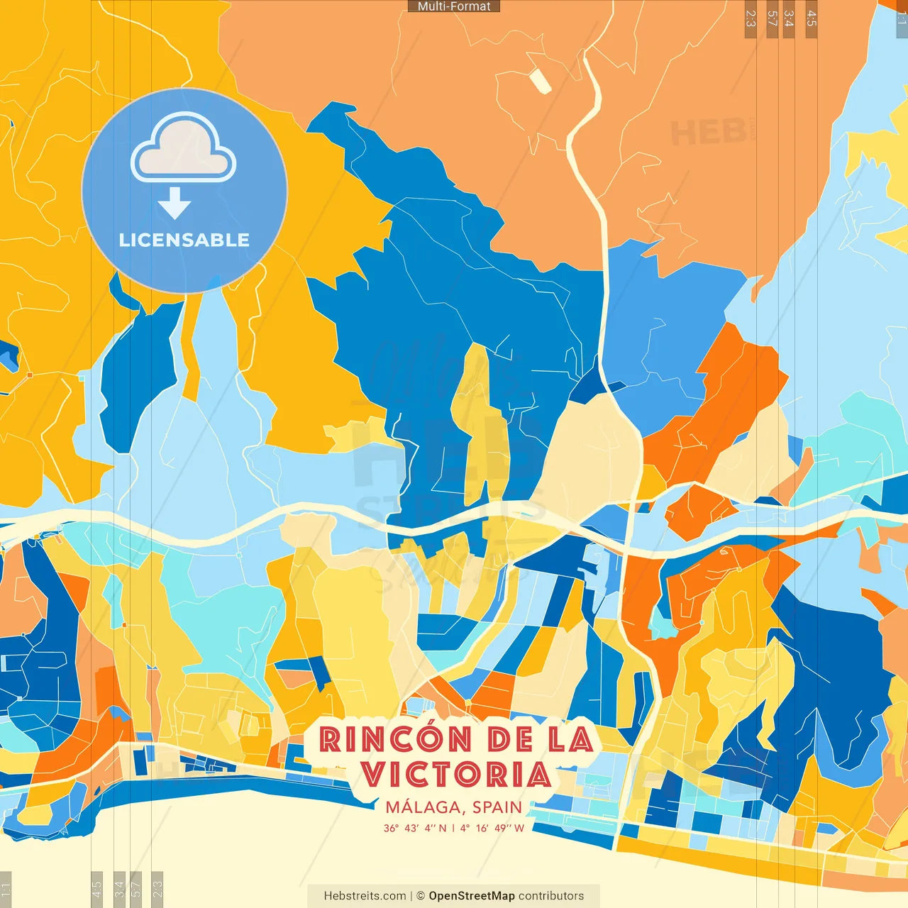 Rincón de la Victoria, Málaga, Spain blue and orange vector art map template