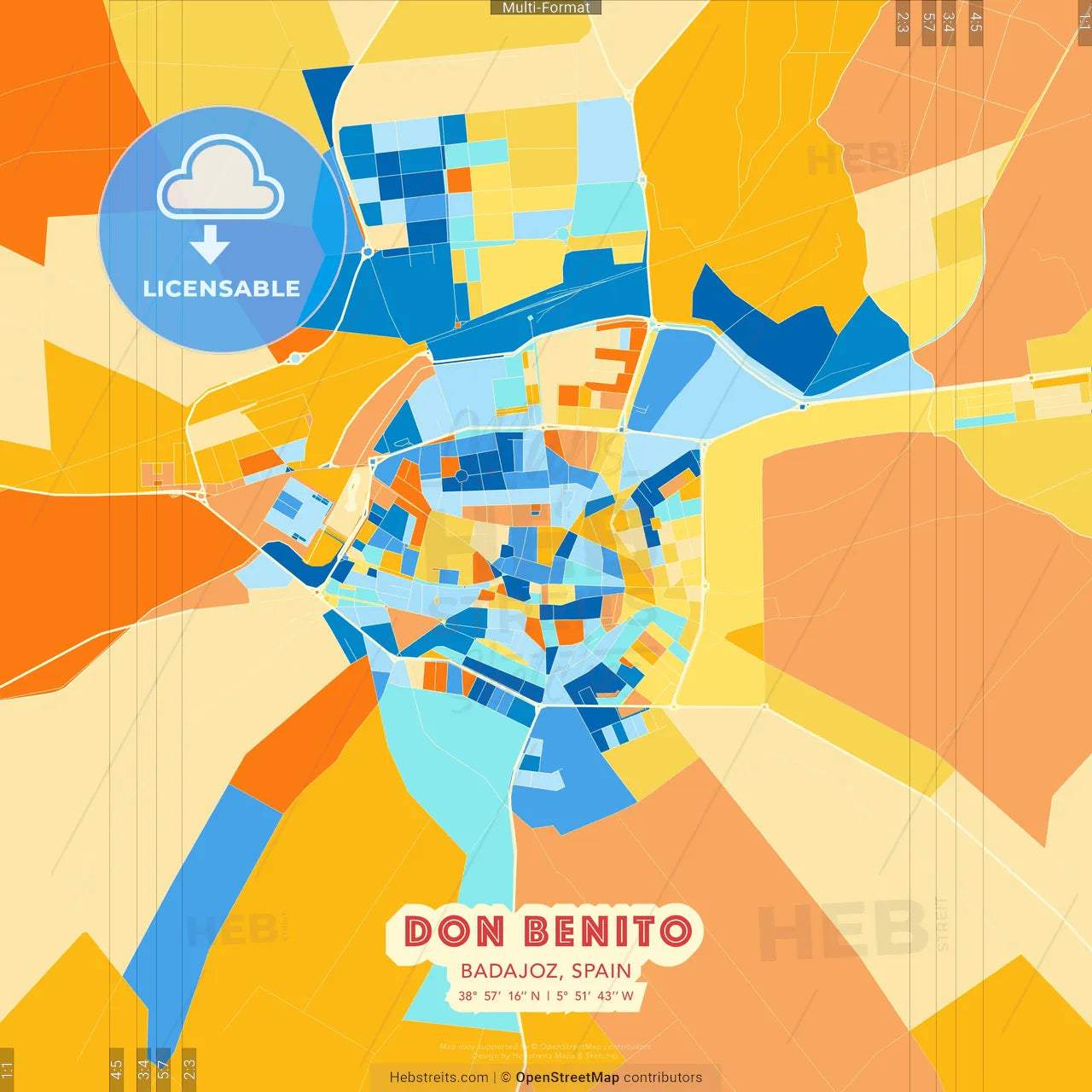 Don Benito, Badajoz, Spain blue and orange vector art map template