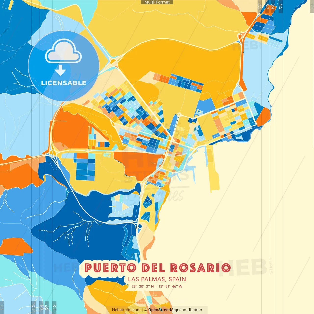Puerto del Rosario, Las Palmas, Spain blue and orange vector art map template