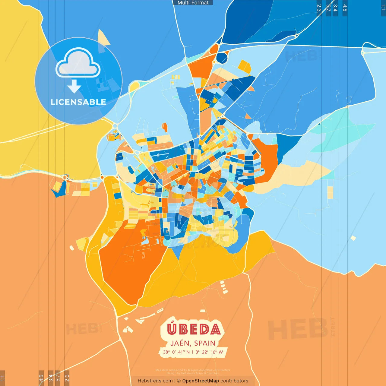 Úbeda, Jaén, Spain blue and orange vector art map template