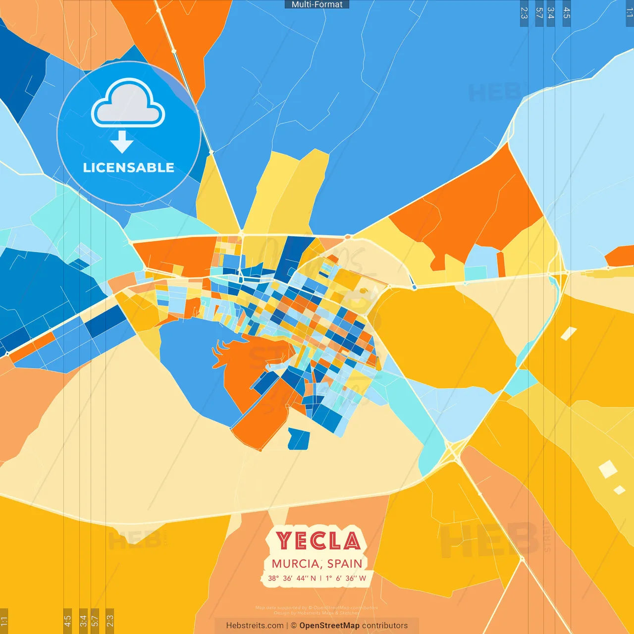 Yecla, Murcia, Spain blue and orange vector art map template