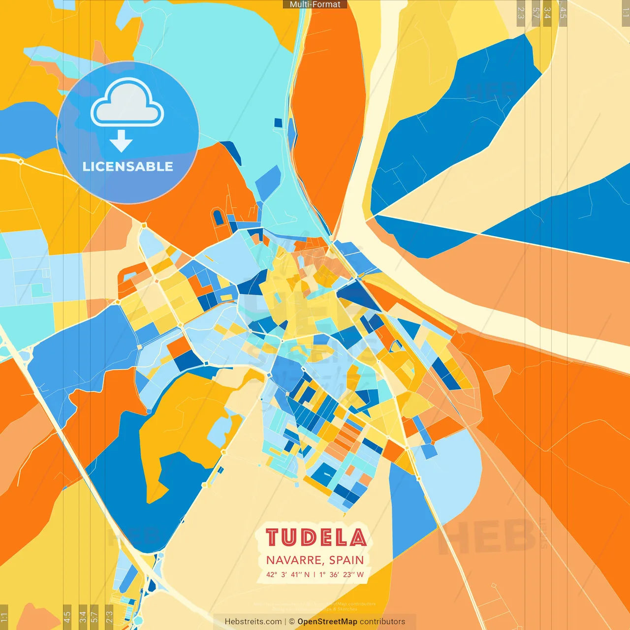 Tudela, Navarre, Spain blue and orange vector art map template