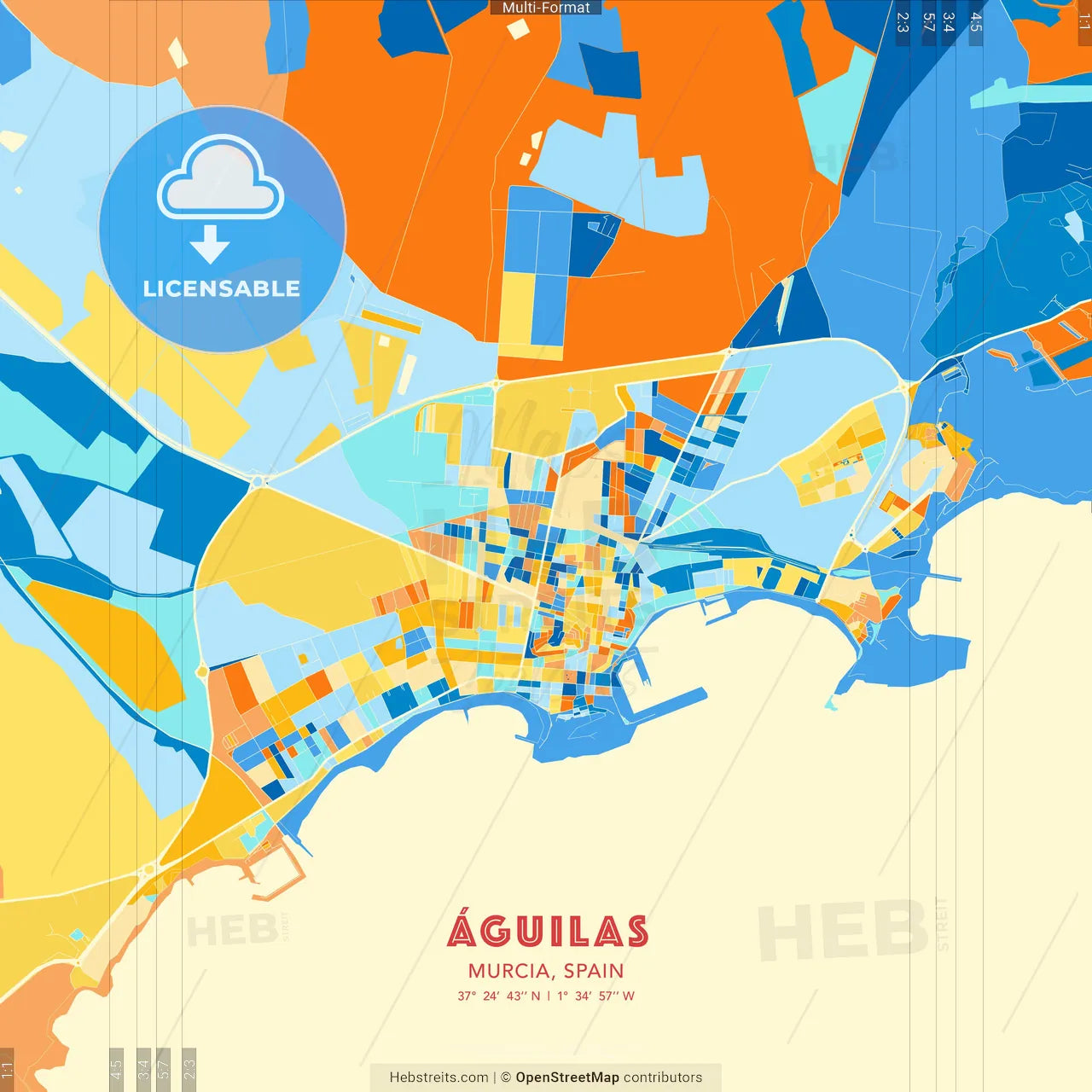 Águilas, Murcia, Spain blue and orange vector art map template