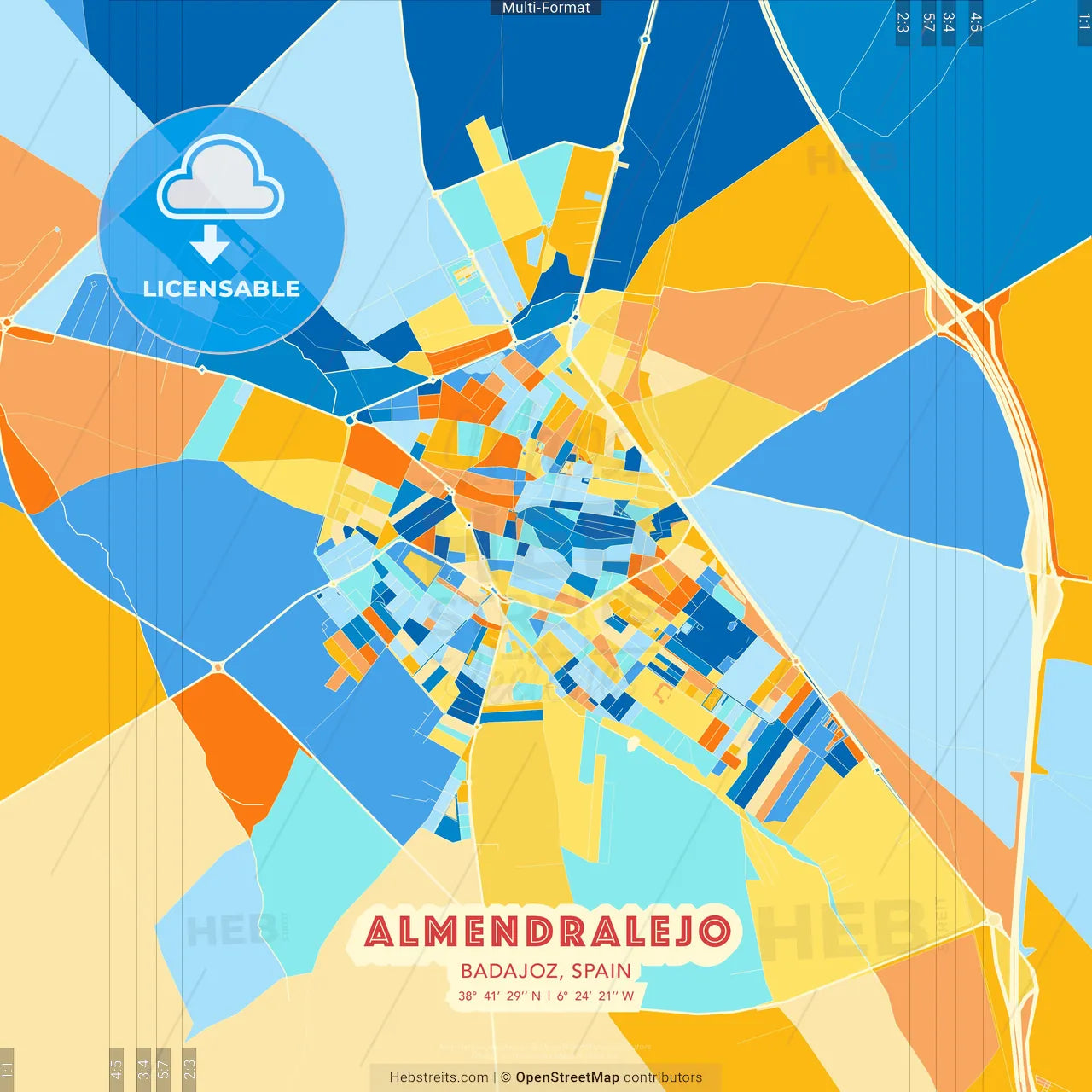 Almendralejo, Badajoz, Spain blue and orange vector art map template