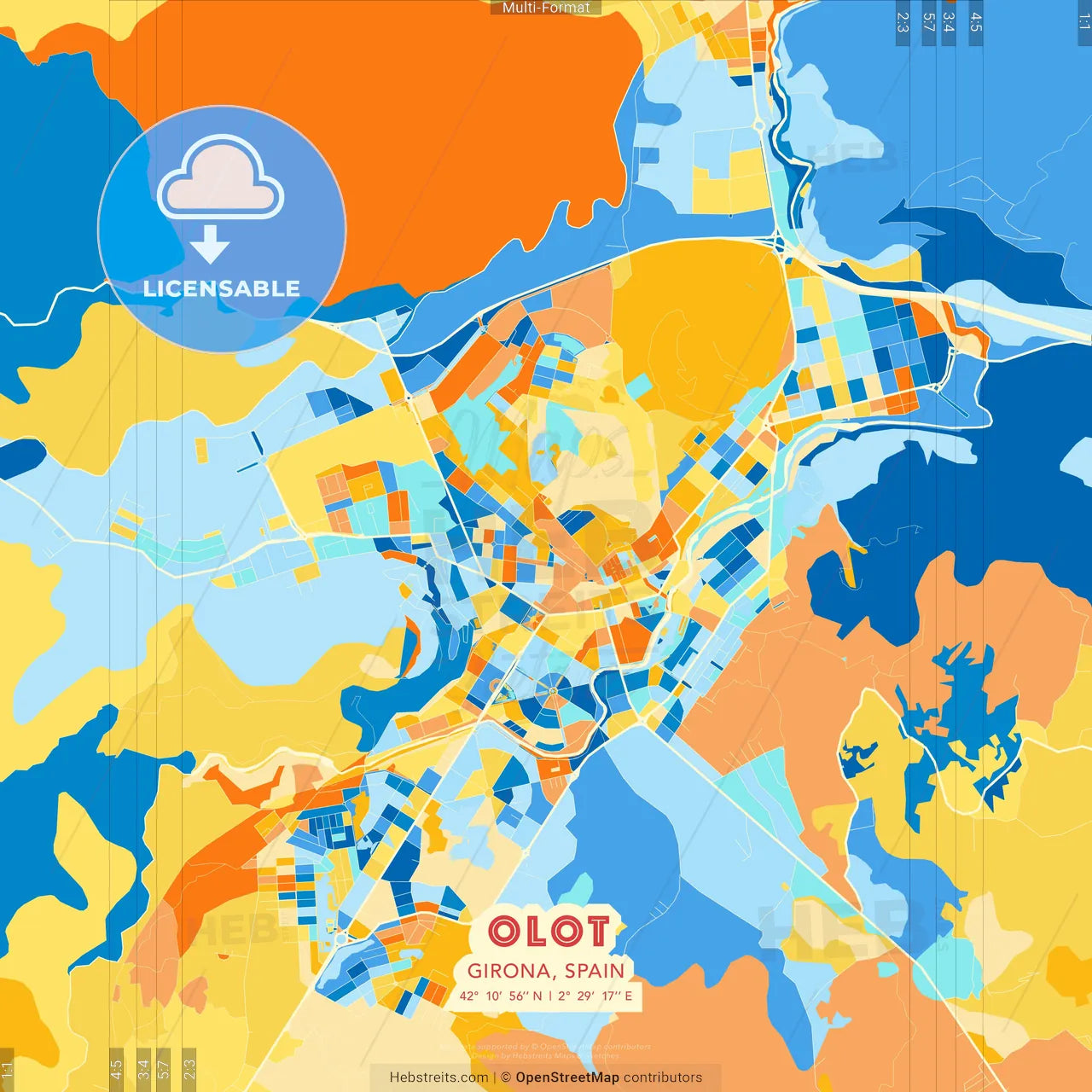 Olot, Girona, Spain blue and orange vector art map template