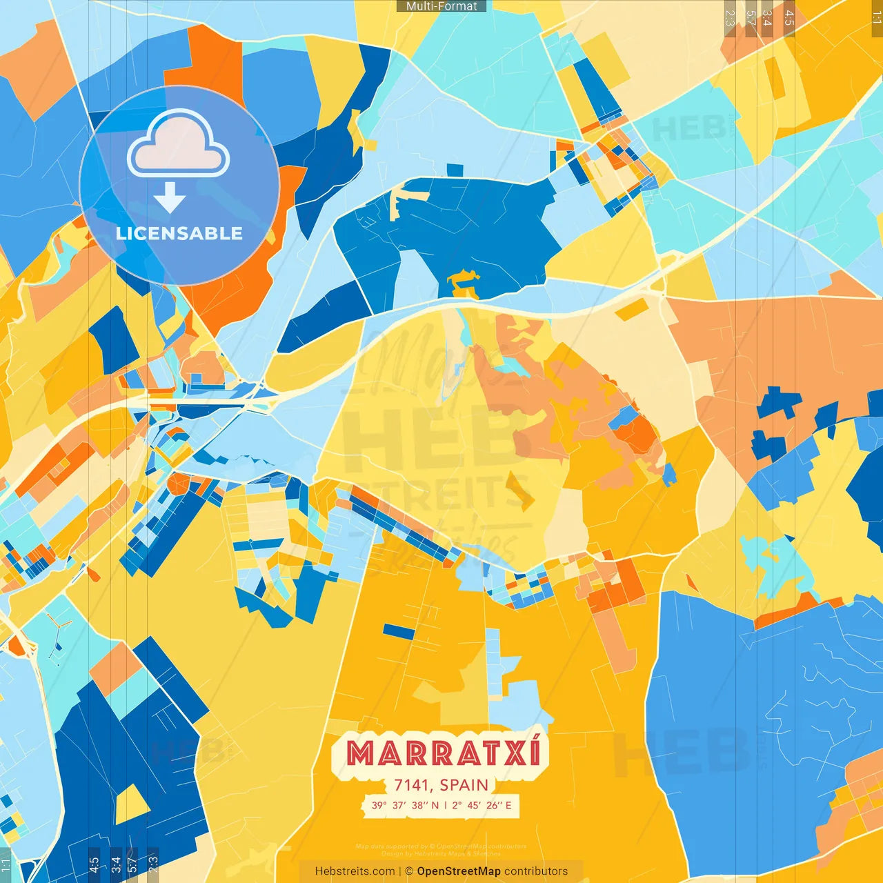 Marratxí, 7141, Spain blue and orange vector art map template