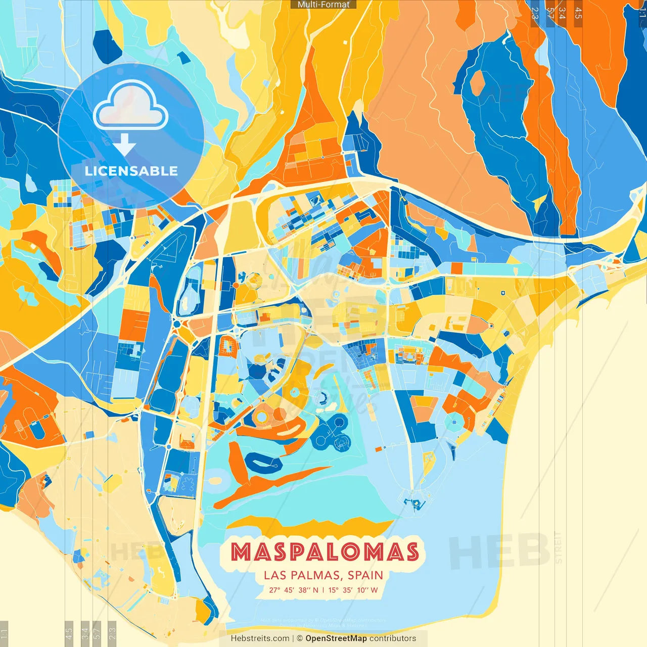 Maspalomas, Las Palmas, Spain blue and orange vector art map template