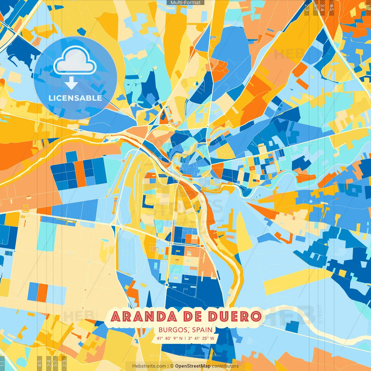 Aranda de Duero, Burgos, Spain blue and orange vector art map template