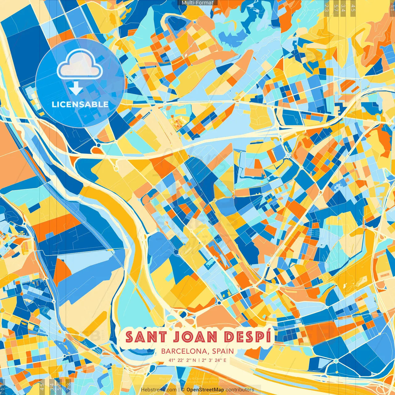 Sant Joan Despí, Barcelona, Spain blue and orange vector art map template