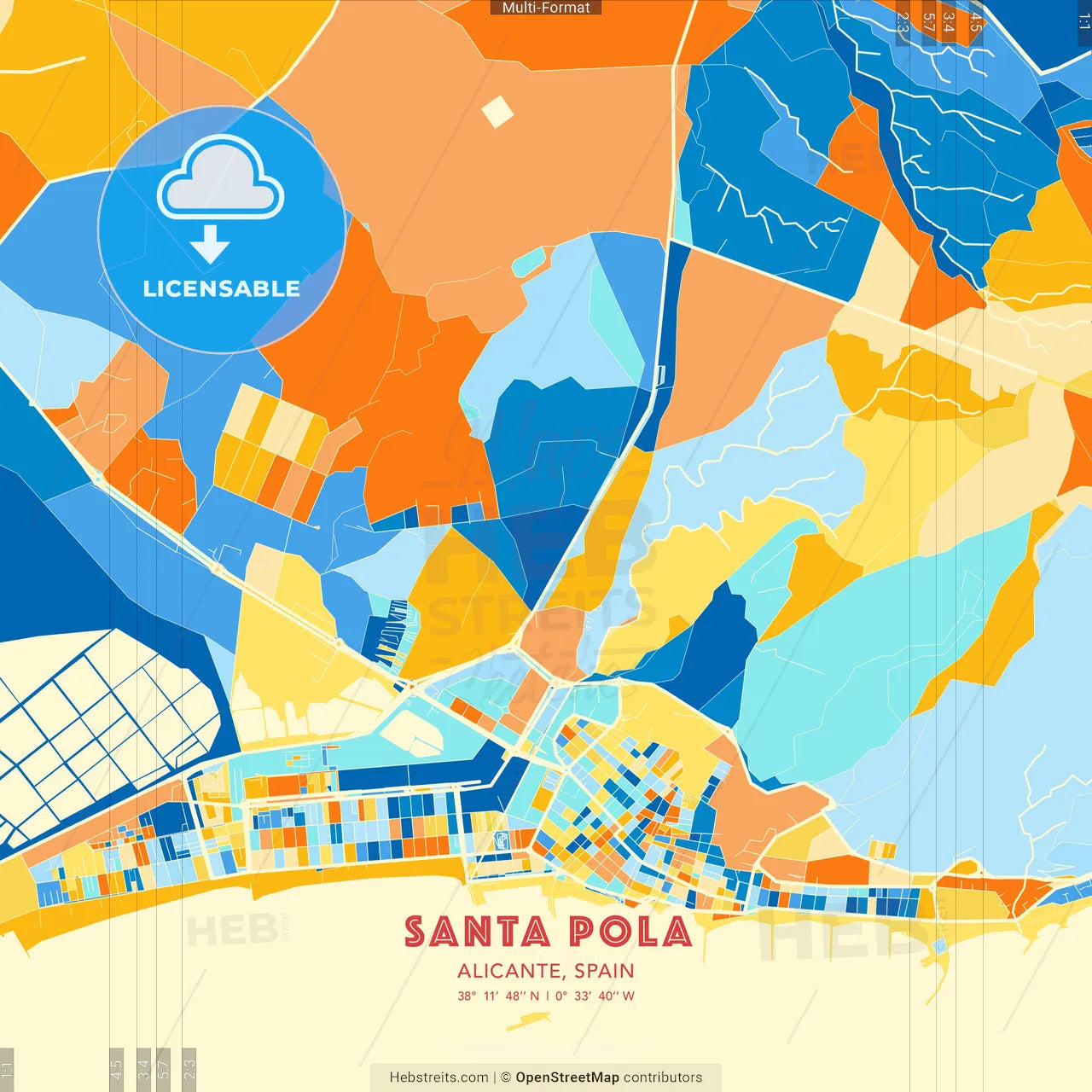 Santa Pola, Alicante, Spain blue and orange vector art map template