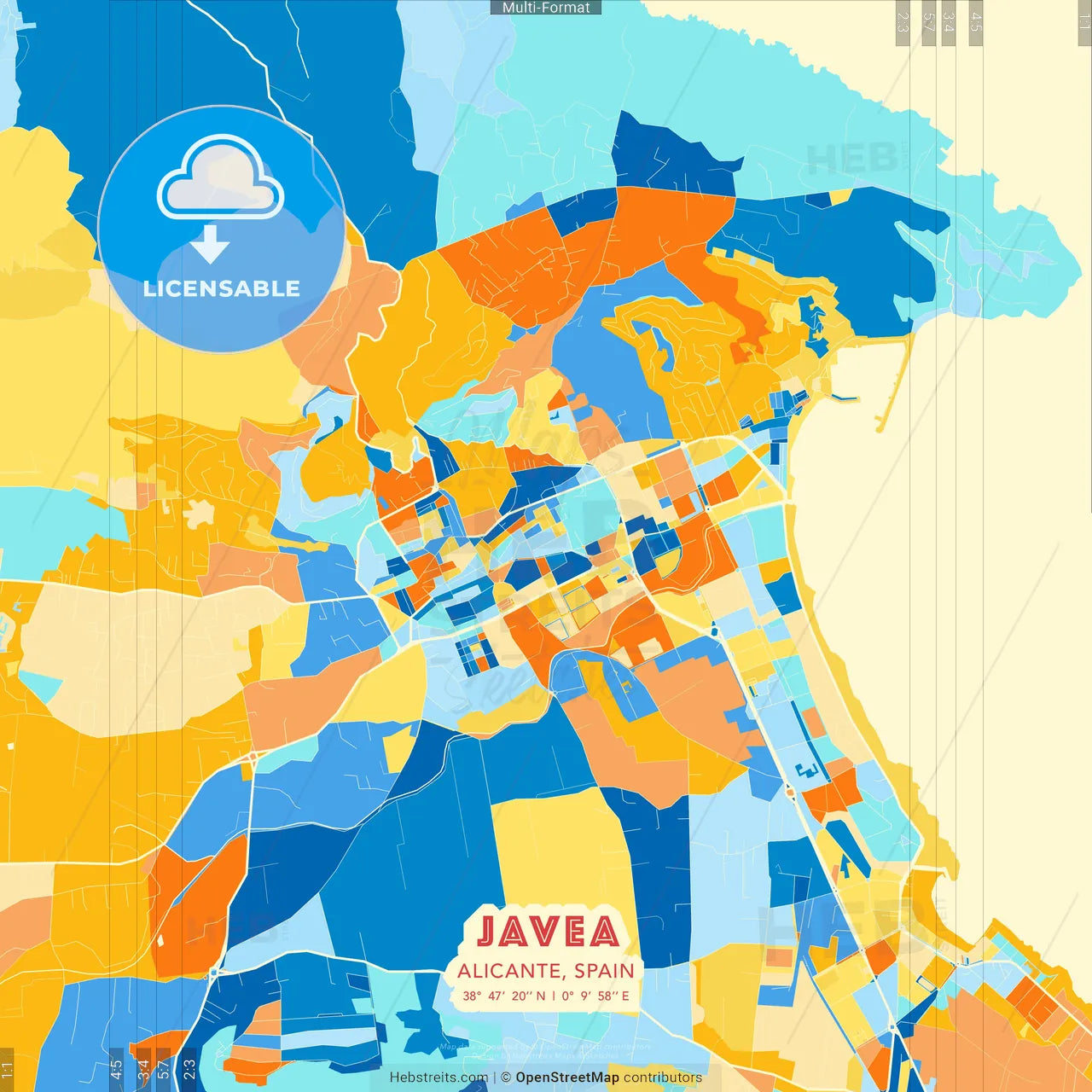 Javea, Alicante, Spain blue and orange vector art map template