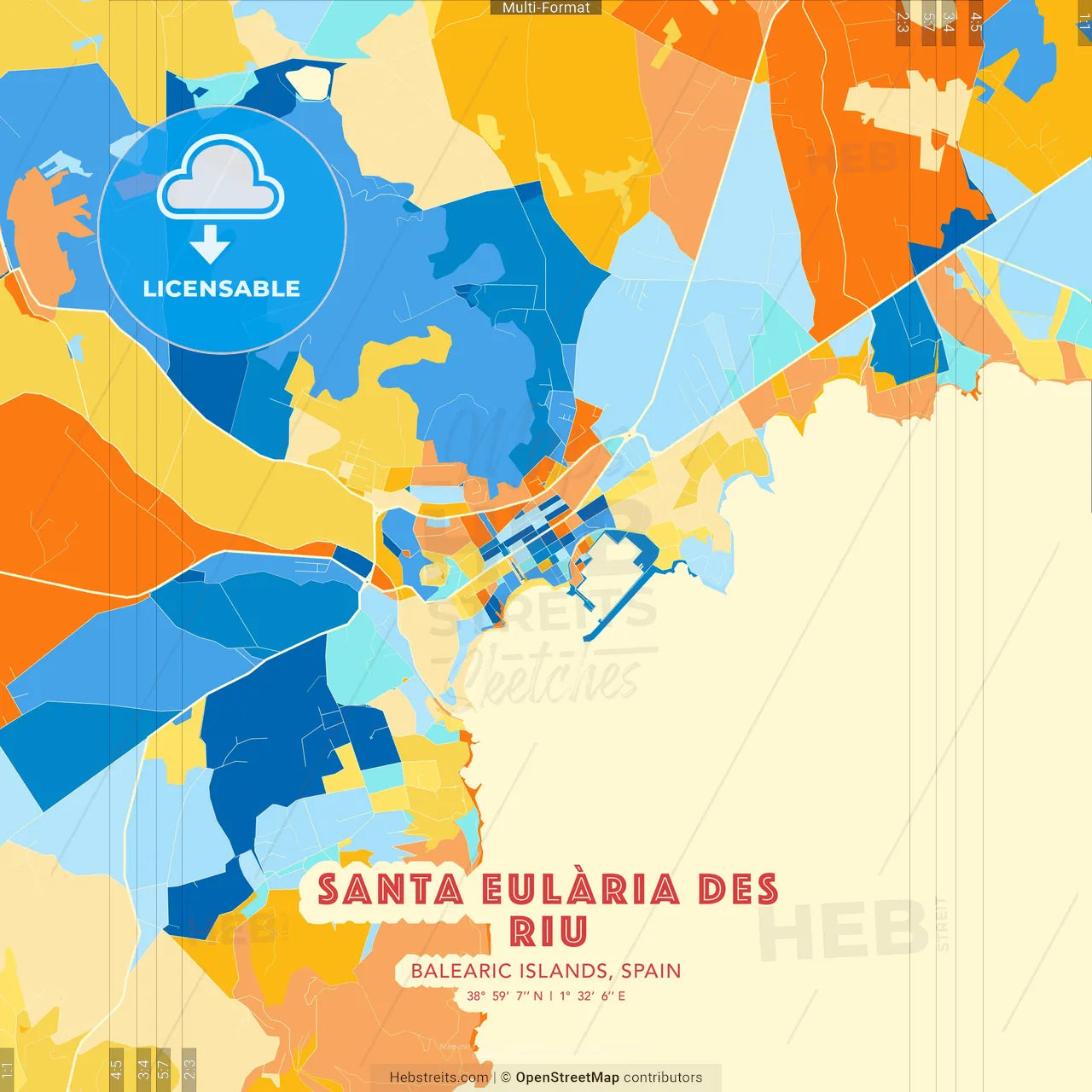 Santa Eulària des Riu, Balearic Islands, Spain blue and orange vector art map template
