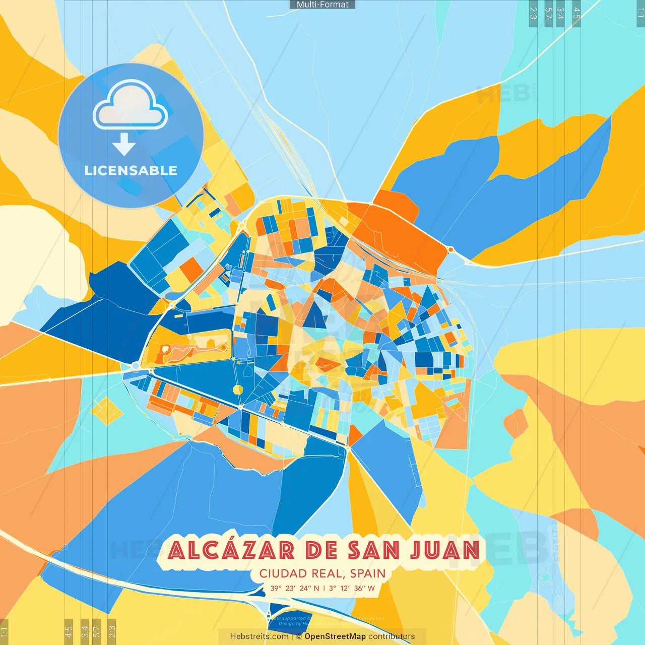 Alcázar de San Juan, Ciudad Real, Spain blue and orange vector art map template
