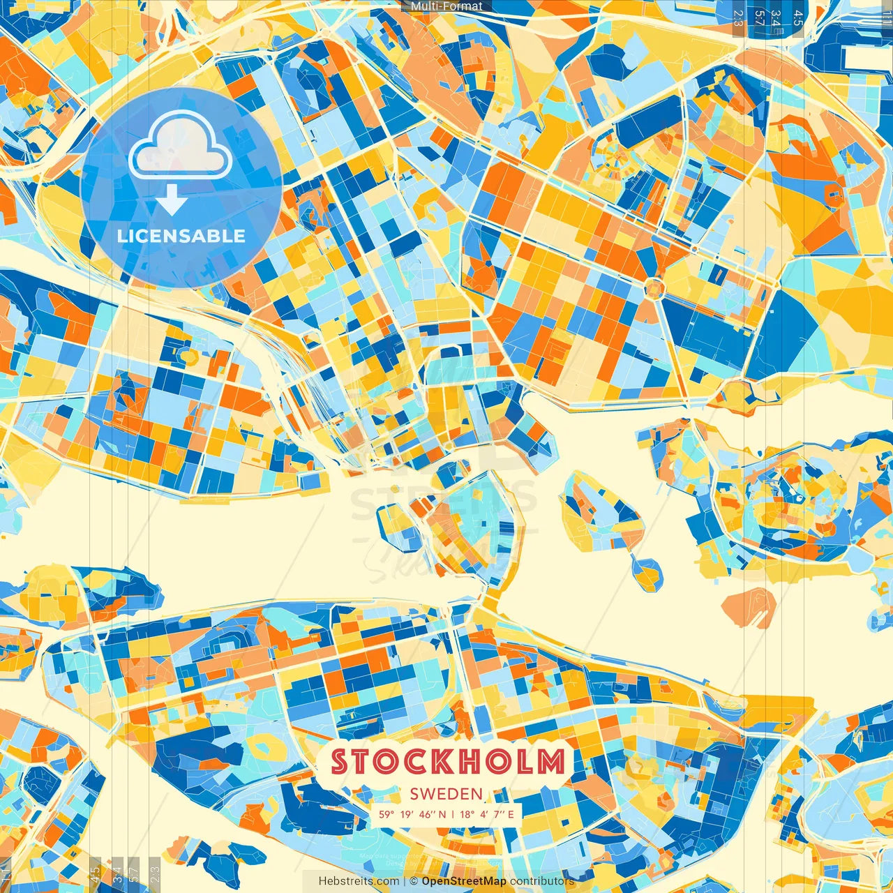 Stockholm, Sweden blue and orange vector art map template