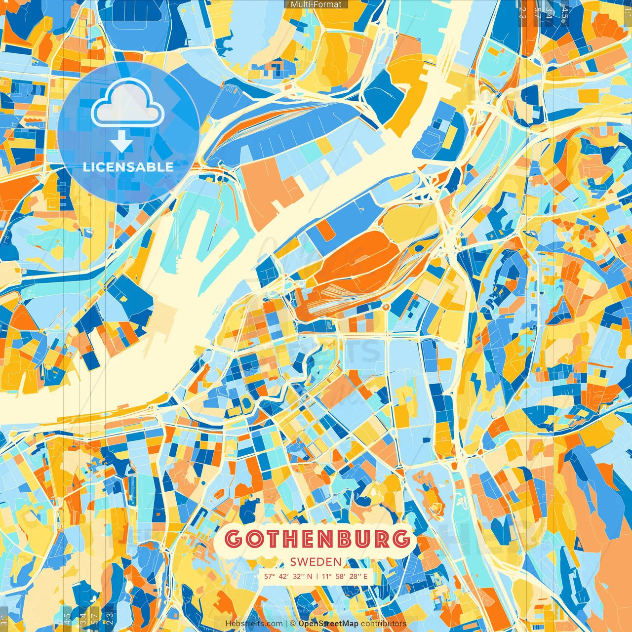 Gothenburg, Sweden blue and orange vector art map template