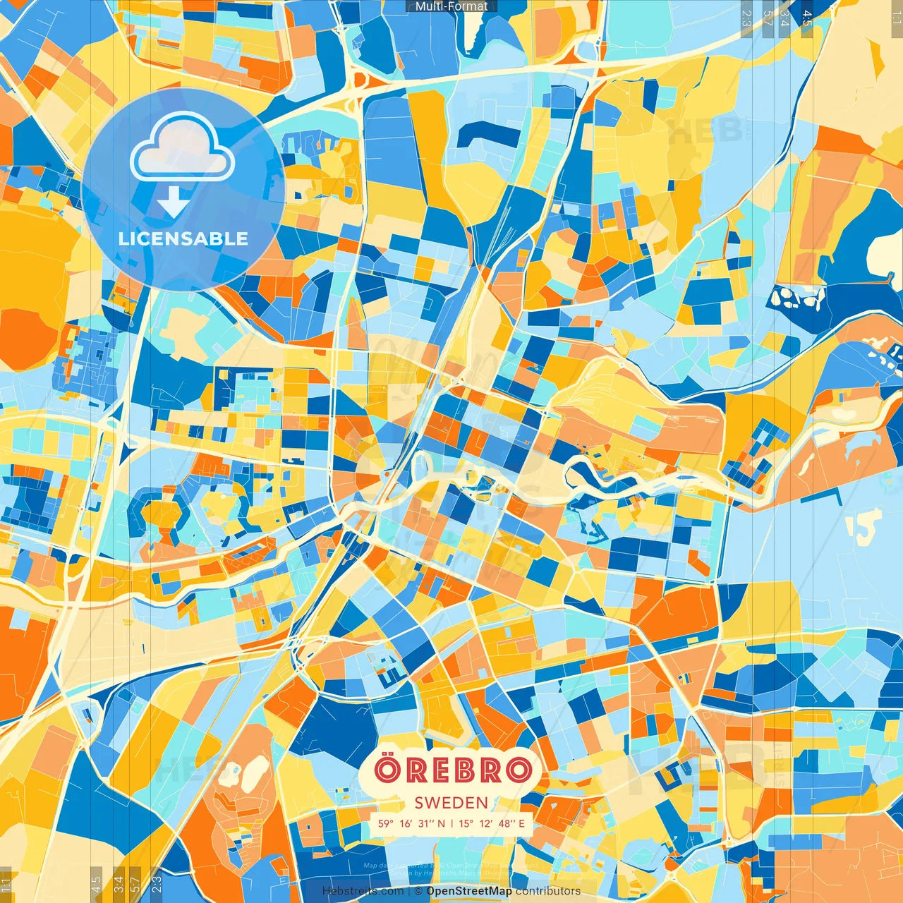 Örebro, Sweden blue and orange vector art map template