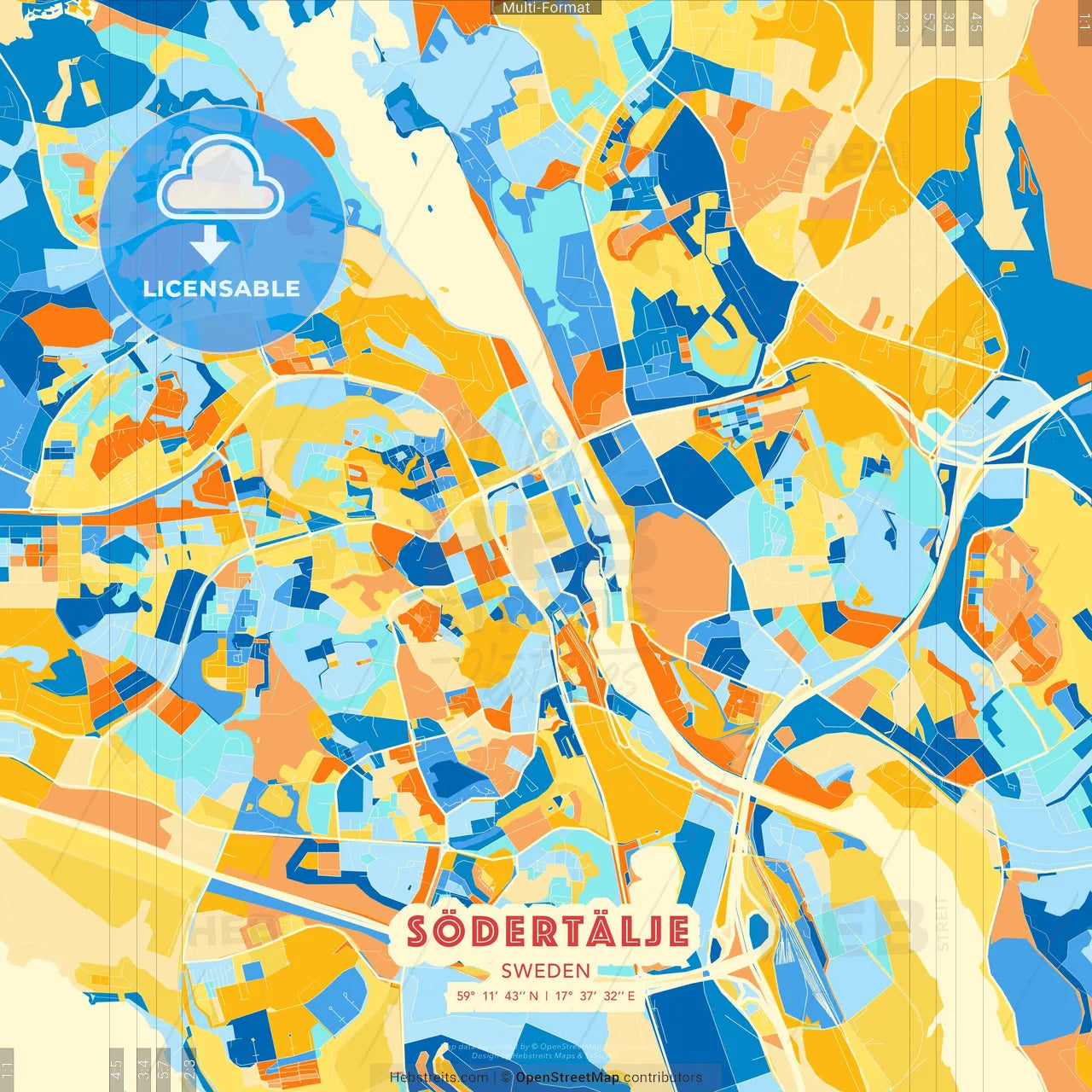 Södertälje, Sweden blue and orange vector art map template