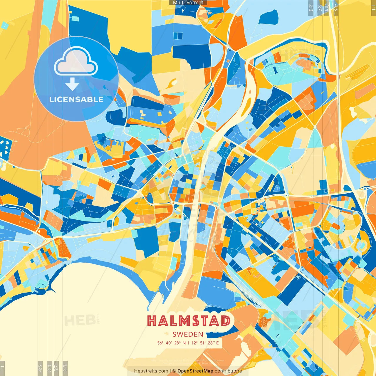 Halmstad, Sweden blue and orange vector art map template