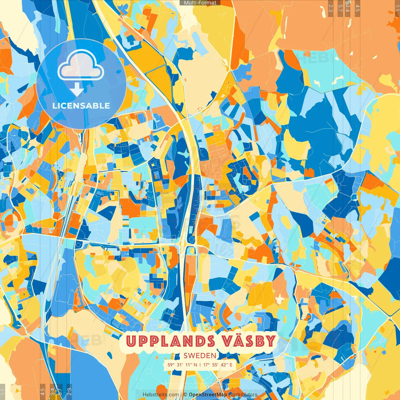 Upplands Väsby, Sweden blue and orange vector art map template