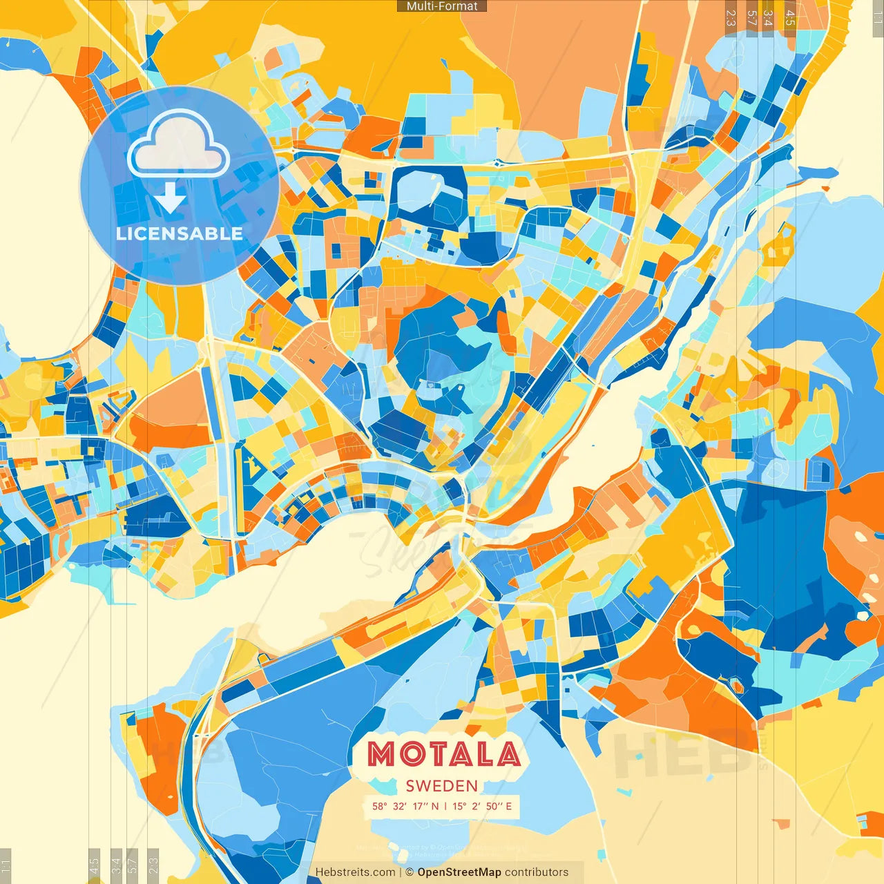 Motala, Sweden blue and orange vector art map template