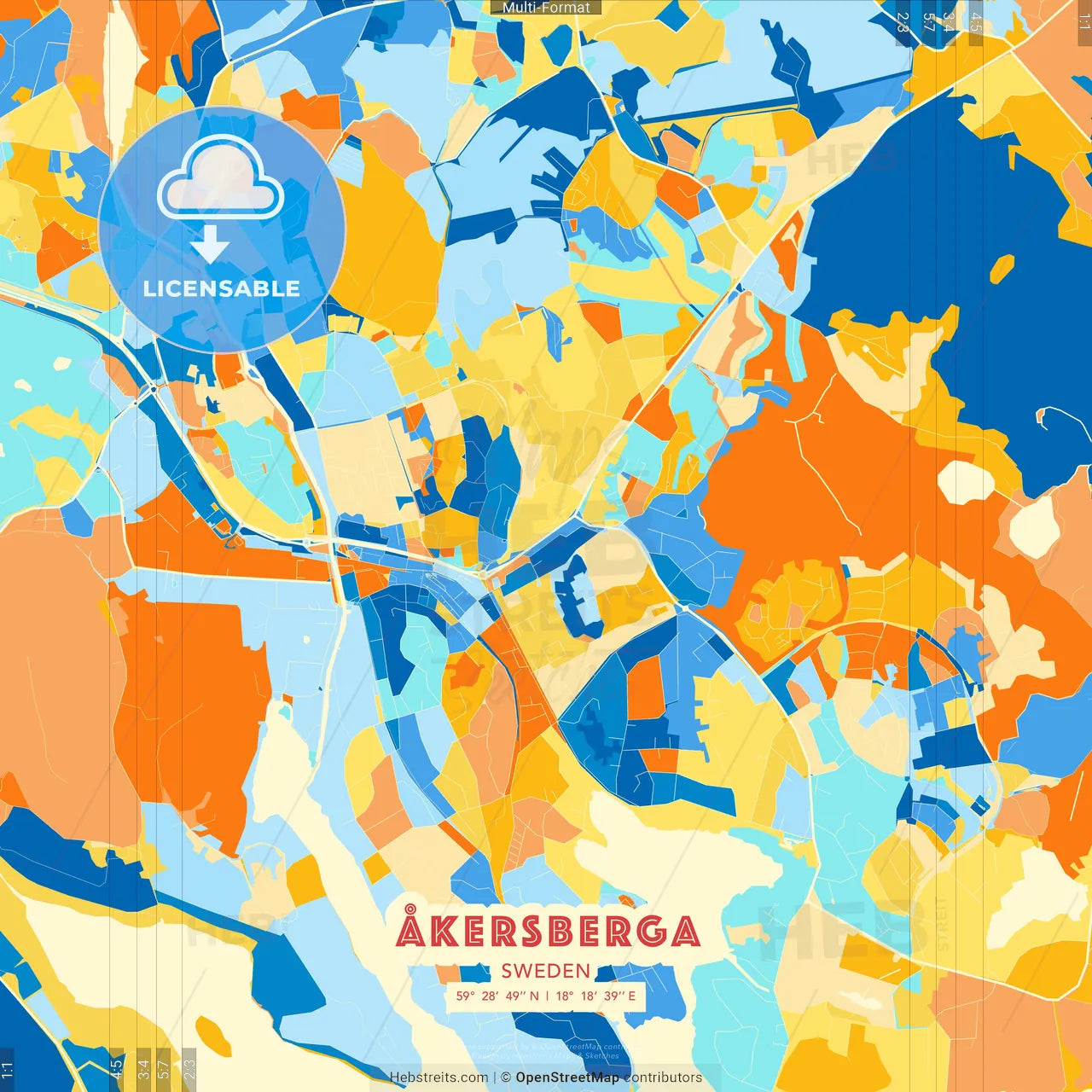 Åkersberga, Sweden blue and orange vector art map template