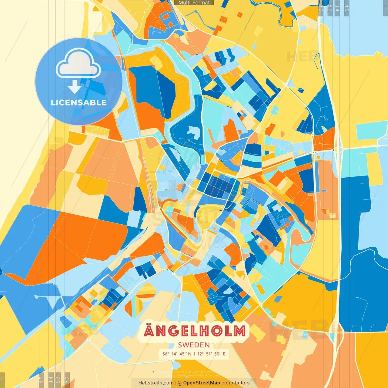Ängelholm, Sweden blue and orange vector art map template