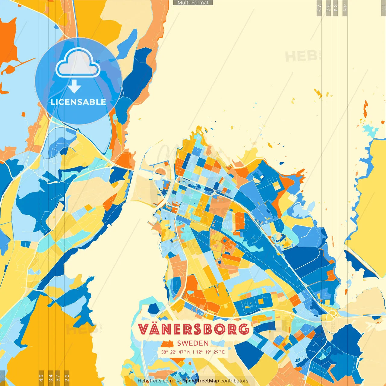 Vänersborg, Sweden blue and orange vector art map template