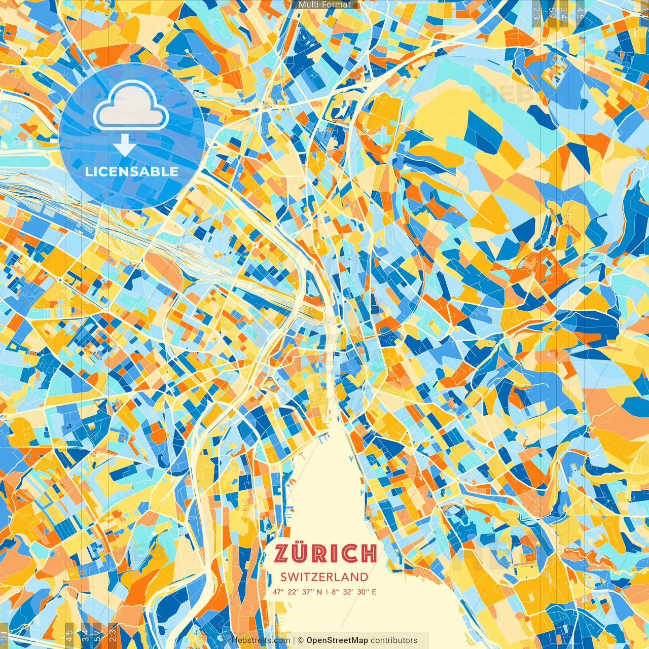 Zürich, Switzerland blue and orange vector art map template