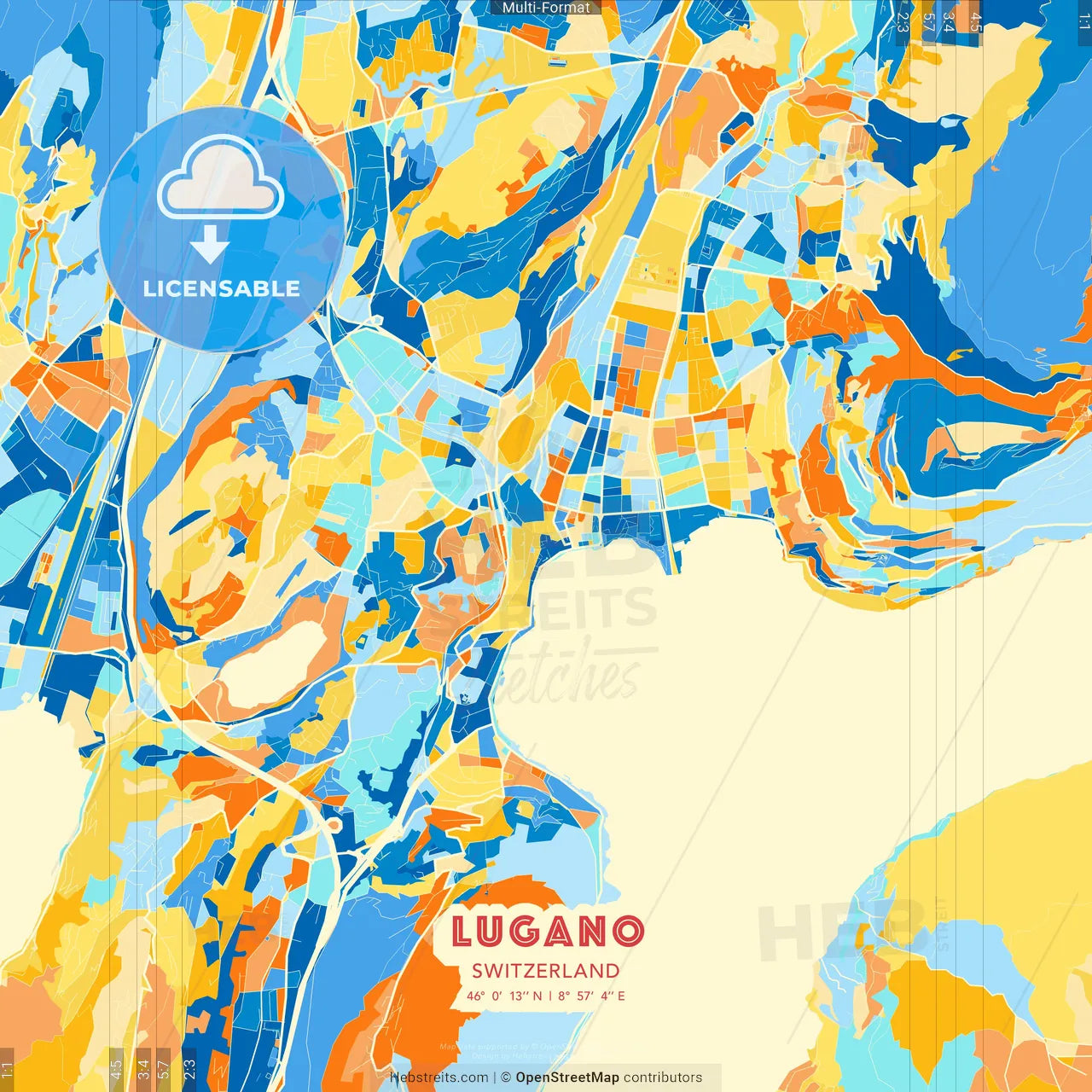Lugano, Switzerland blue and orange vector art map template