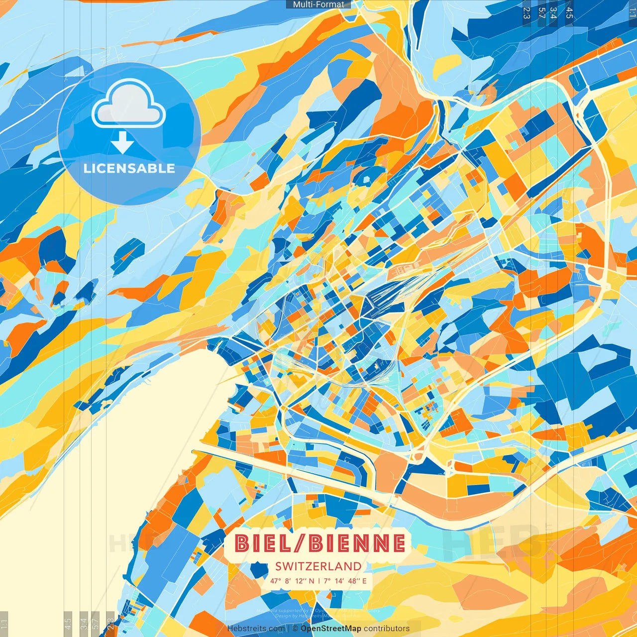 Biel/Bienne, Switzerland blue and orange vector art map template