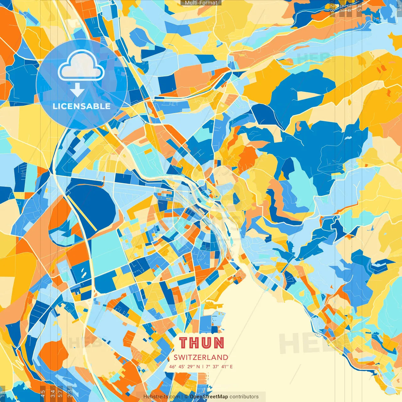 Thun, Switzerland blue and orange vector art map template