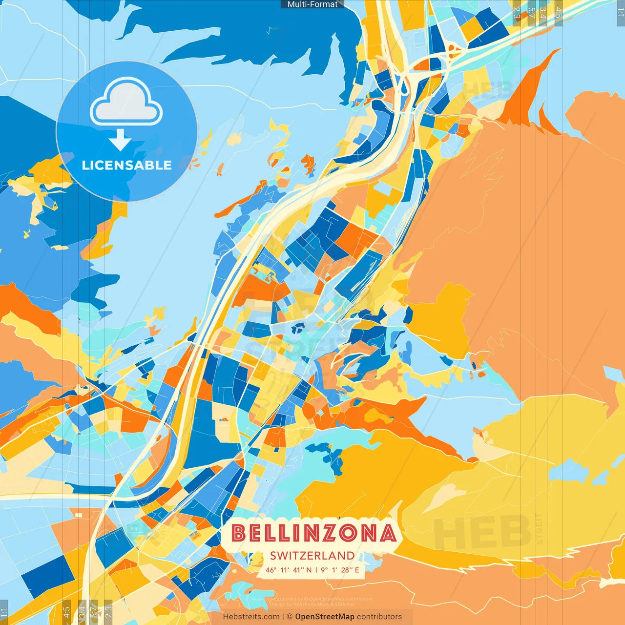 Bellinzona, Switzerland blue and orange vector art map template