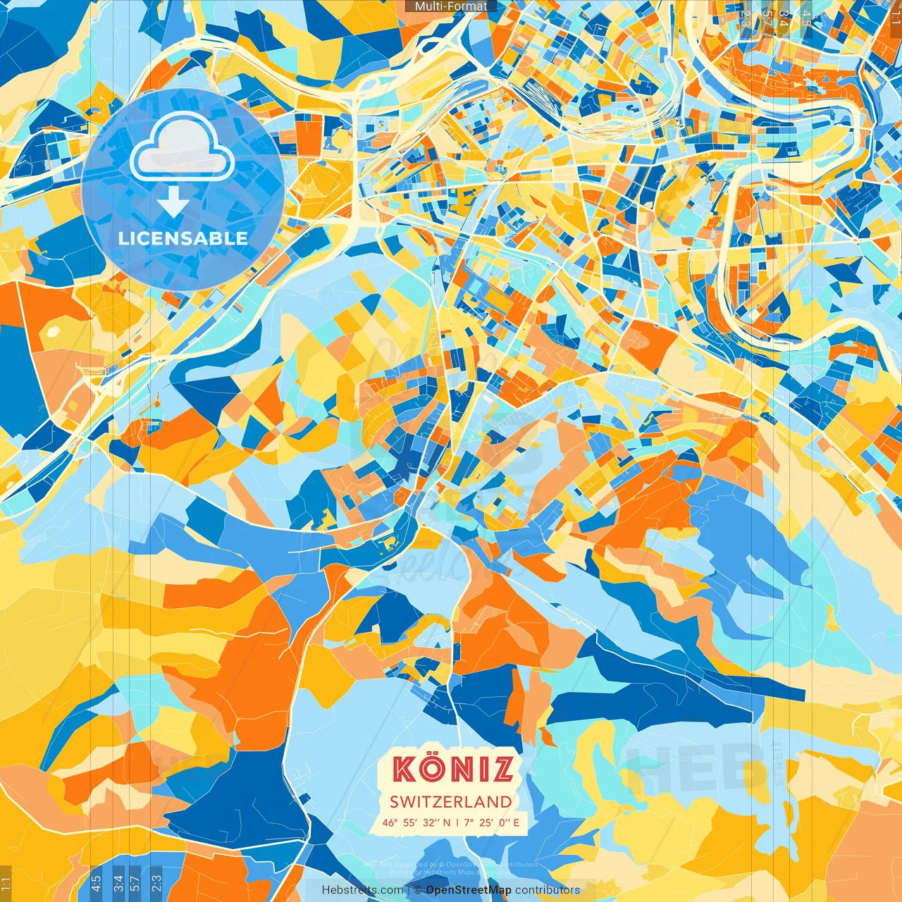 Köniz, Switzerland blue and orange vector art map template