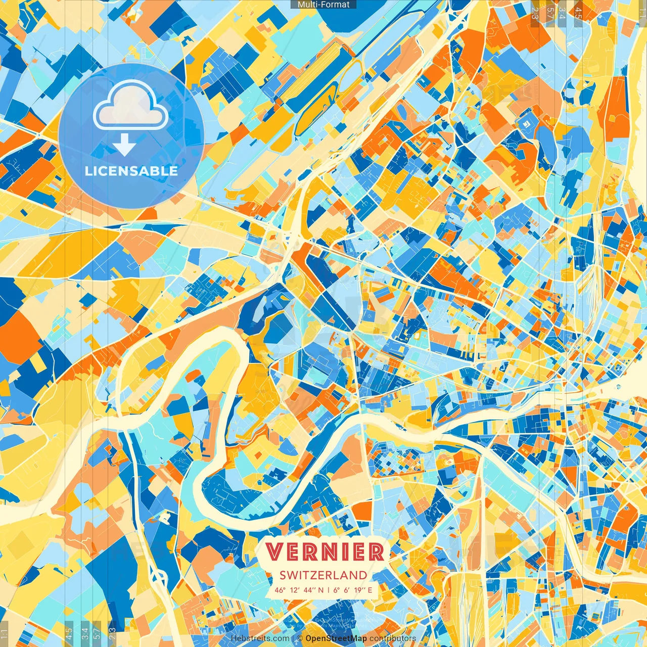 Vernier, Switzerland blue and orange vector art map template