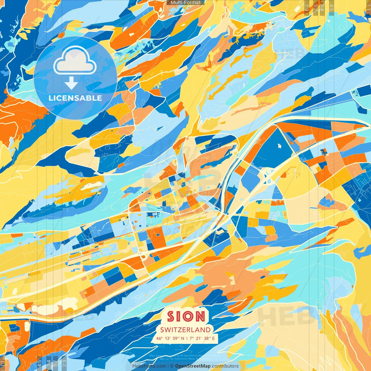 Sion, Switzerland blue and orange vector art map template