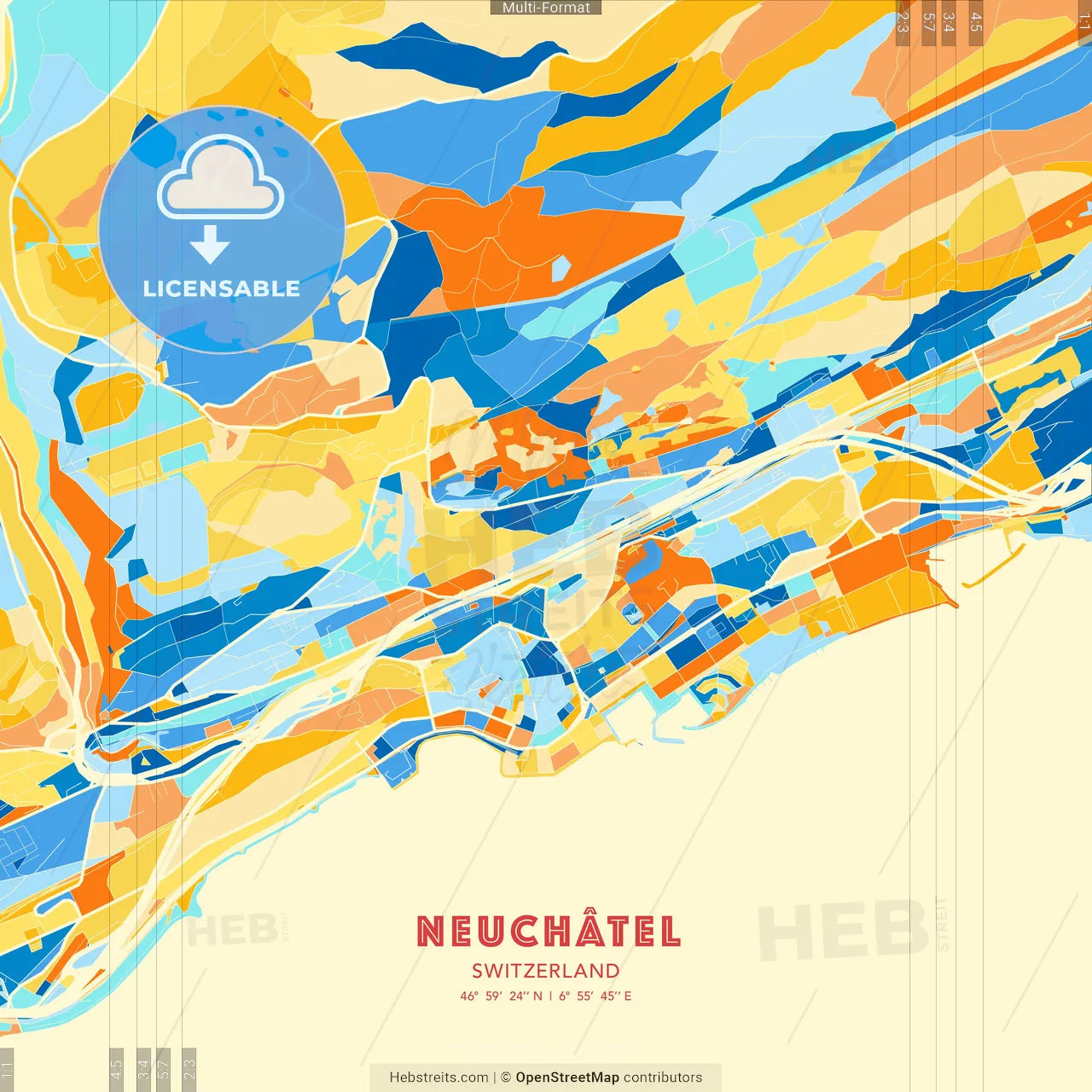 Neuchâtel, Switzerland blue and orange vector art map template