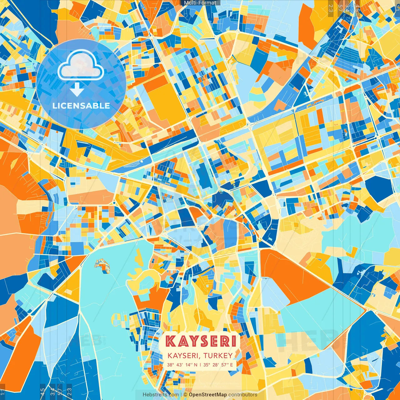 Kayseri, Kayseri, Turkey blue and orange vector art map template