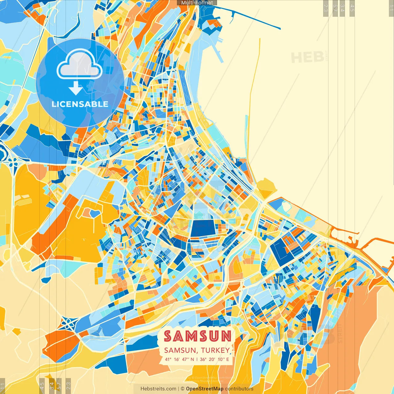 Samsun, Samsun, Turkey blue and orange vector art map template