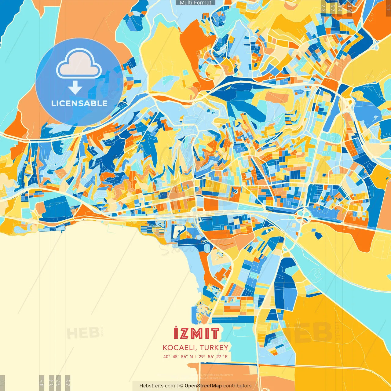 İzmit, Kocaeli, Turkey blue and orange vector art map template
