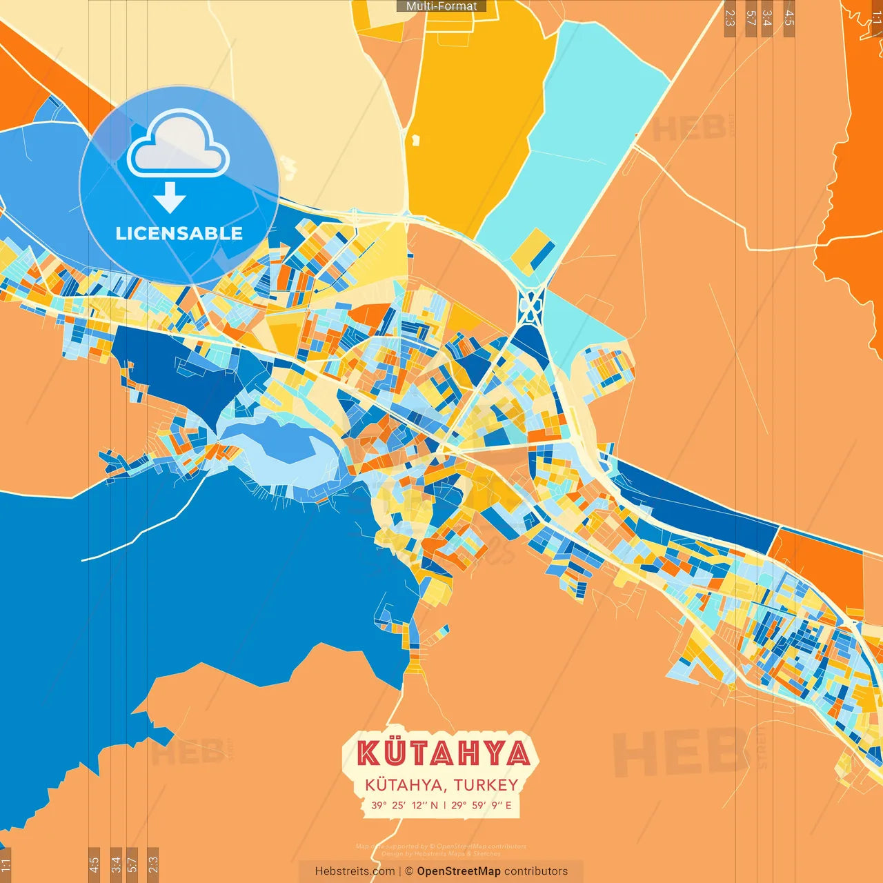 Kütahya, Kütahya, Turkey blue and orange vector art map template