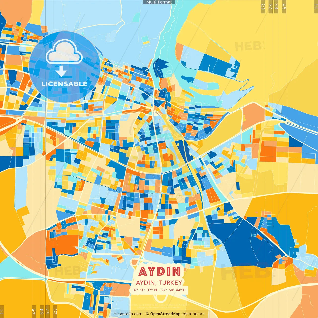Aydın, Aydın, Turkey blue and orange vector art map template